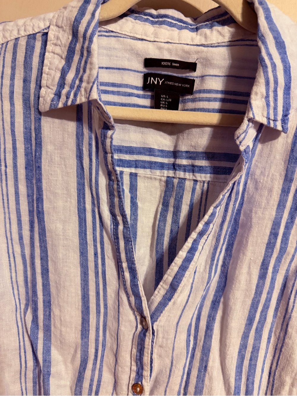 JNY Jones New York 100% Linen Blue White Striped Button Up Shirt Large - Picture 4 of 9